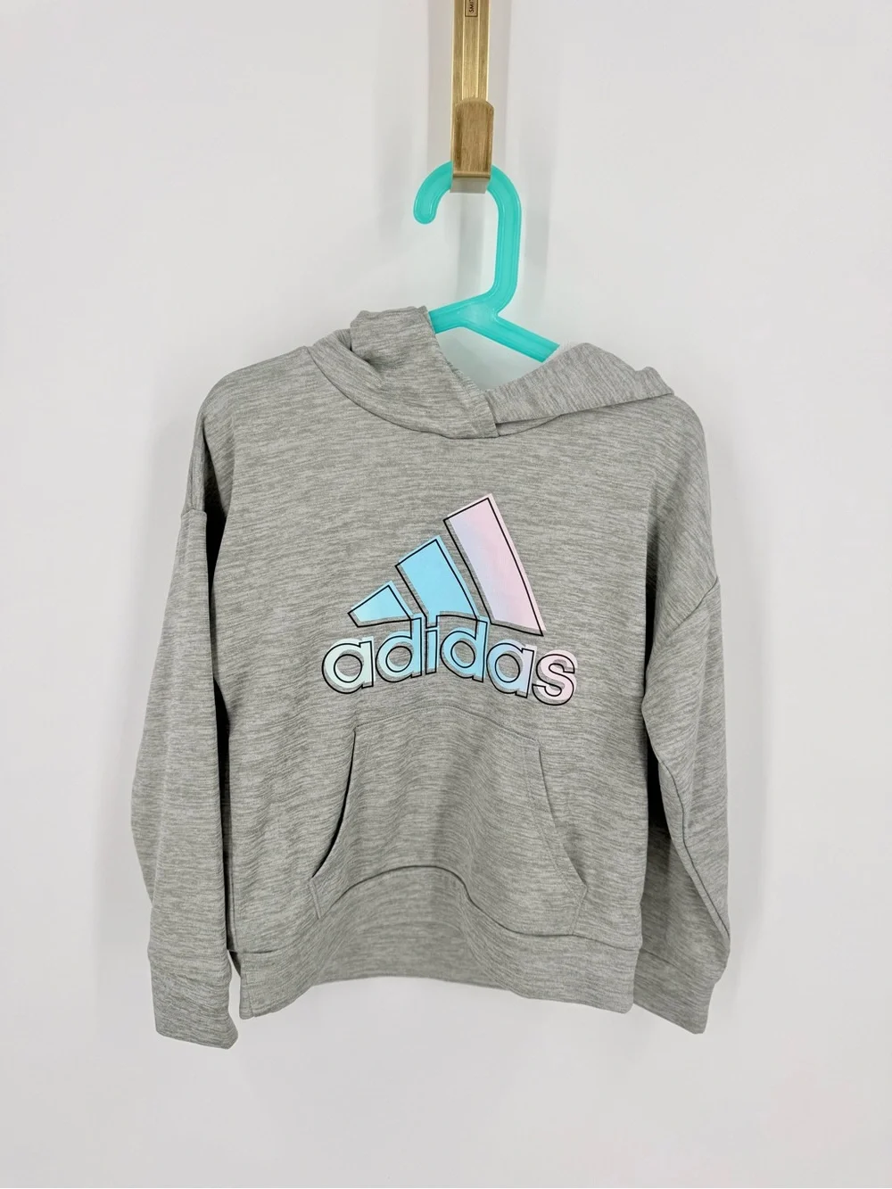 adidas Gray Hoodie with Pastel Blue & Pink Logo